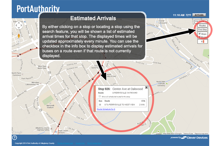 Estimated Arrivals - By either clicking on a stop or locating a stop using the search feature, you will be shown a list of estimated arrival times for that stop.  The displayed times will be updated approximately every minute. You can use the checkbox in the info box to display estimated arrivals for buses on a route even if that route is not currently displayed.