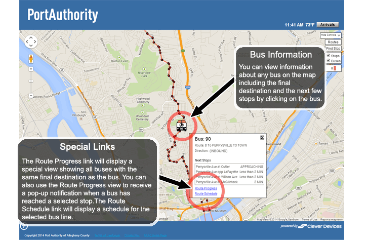 Bus Information - You can view information about any bus on the map including the final destination and the next few stops by clicking on the bus. Special Links - The Route Progress link will display a special view showing all buses with the same final destination as this bus.  You can also use that view to receive a pop-up notification when a bus has reached a selected stop. The Route Schedule link will display the PRT schedule for the selected bus line.
